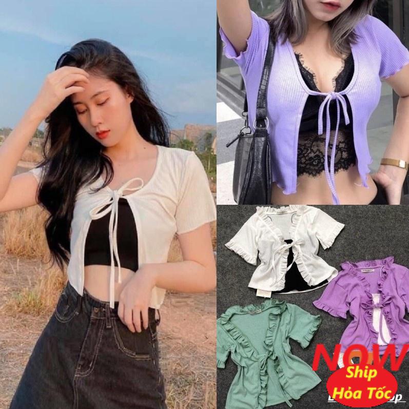 Áo khoác thắt nơ ngực viền bèo tay ngắn chất vải thun gân len FreeSize dưới 50kg dành cho nữ