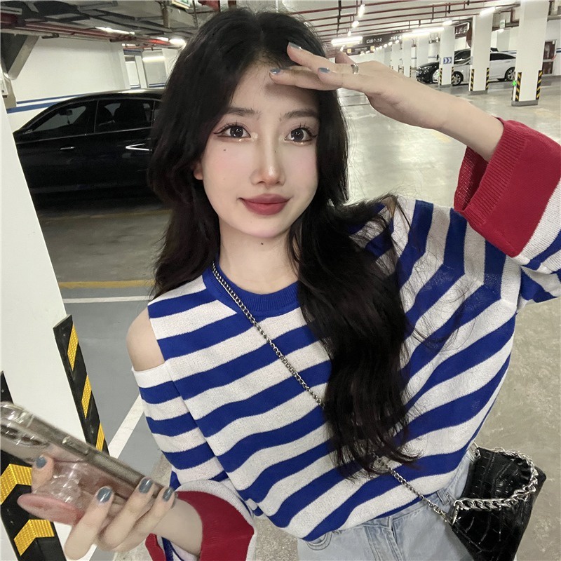 Áo kiểu ZHELIHANGFEI dệt kim tay dài thiết kế hở vai họa tiết kẻ sọc trẻ trung thời trang