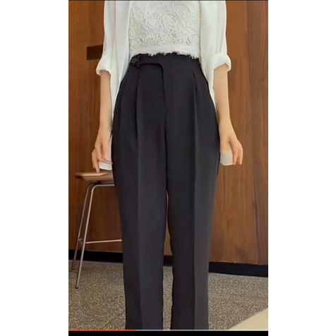 Quần baggy nữ lưng chun cạp cao cúc lệch