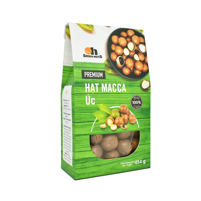 Hạt macca úc nứt vỏ nướng mộc Oh Smile Nuts hộp 454g