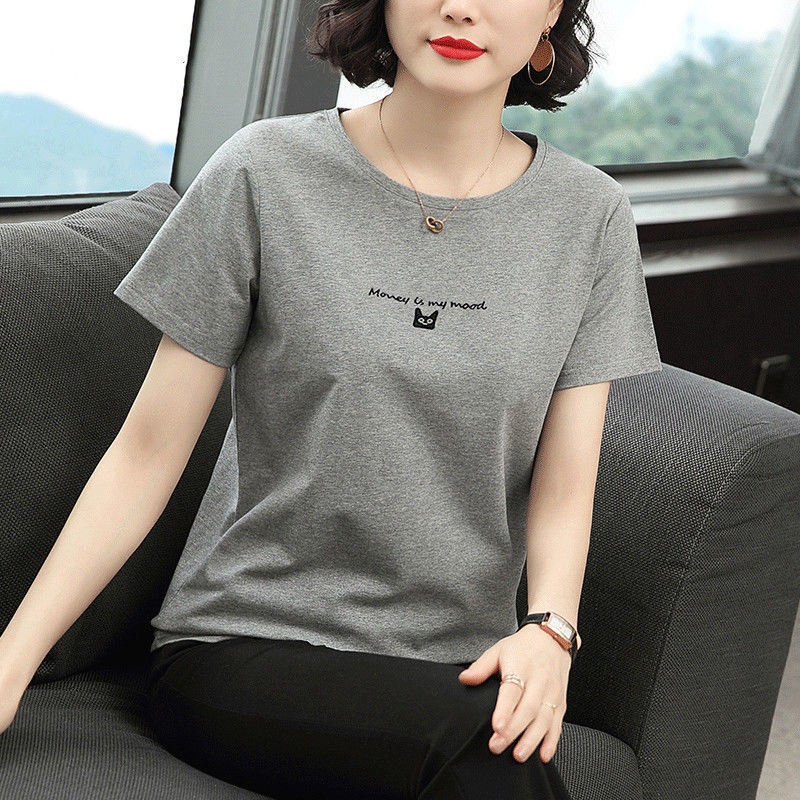 Áo thun tay ngắn cổ tròn plus size cho phụ nữ trung niên