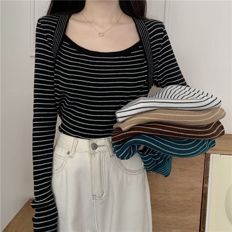 ZHELIHANGFEI Áo Len Tay Dài Kẻ Sọc Giả Hai Lớp Dáng Ôm Thời Trang Cho Nữ