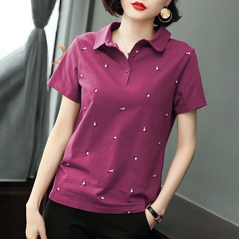 Áo Thun cotton Ngắn Tay Thêu Họa Tiết Thời Trang Cho Phụ Nữ Trung Niên