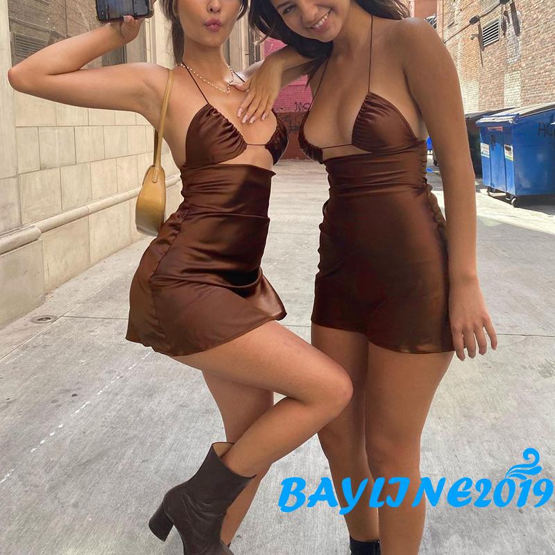 Đầm Ngắn Không Tay Cổ Yếm Cắt Thấp Màu Trơn Thời Trang Mùa Hè Cho Nữ