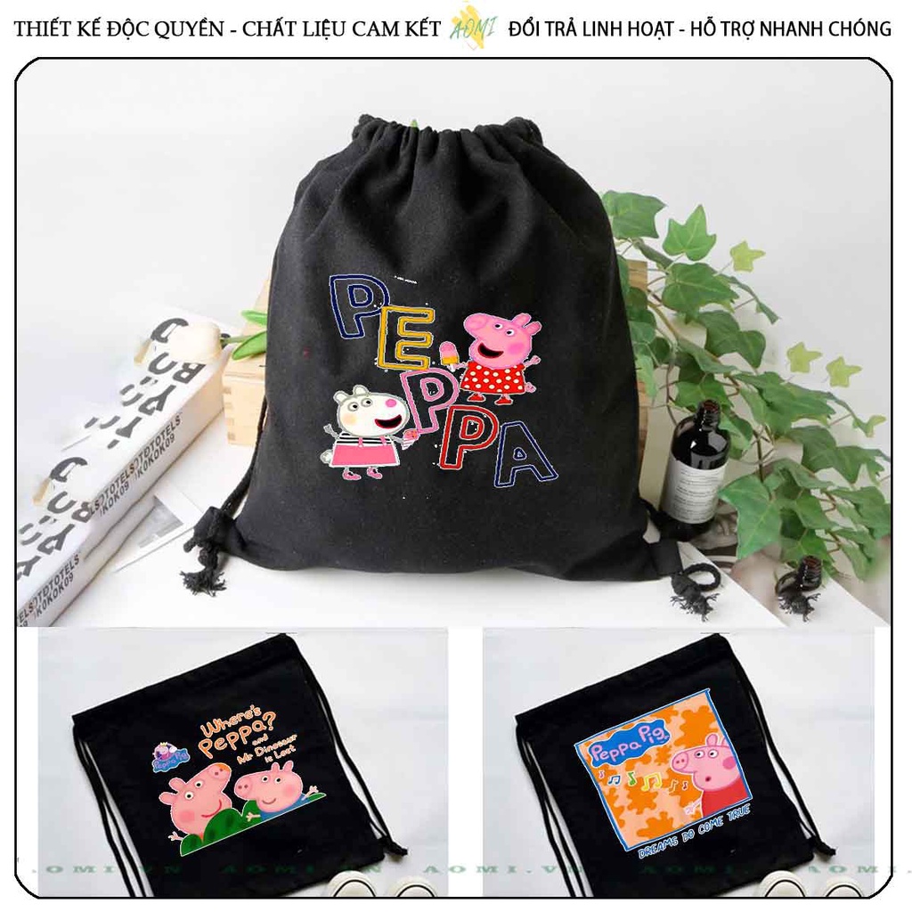 BALO MINI heo peppa AOMIVN DÂY RÚT ĐEO VAI 33x38cm NHỎ XINH UNISEX CHẤT CANVAS CUTE TIỆN ÍCH DU LỊCH DẠO PHỐ