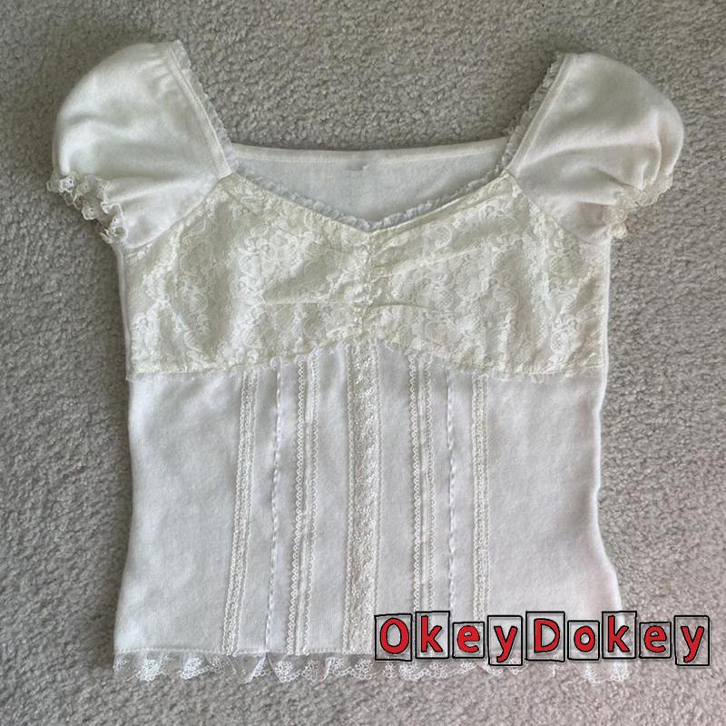 Áo croptop tay ngắn cổ chữ V viền ren phong cách cổ điển thời trang cho nữ
