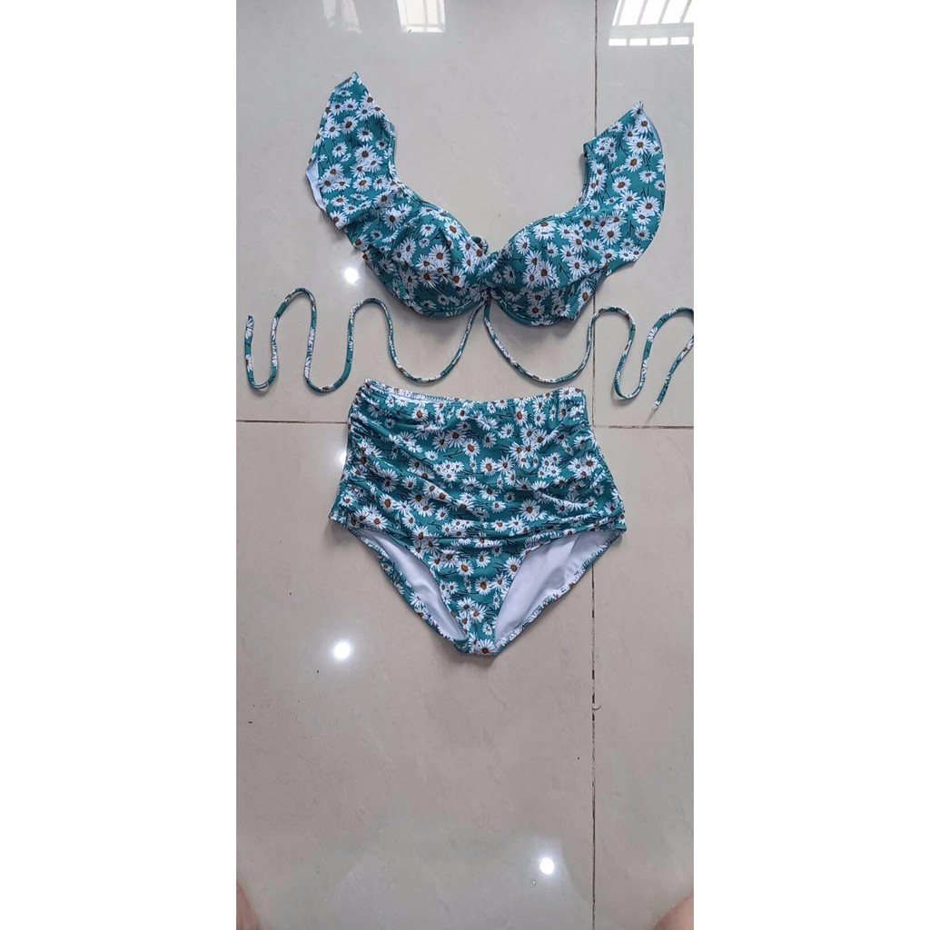 Bikini, Đồ Bơi Đi Biển Nữ Hai Mảnh Cánh Tiên Hoa Cúc Xanh Cạp Cao Siêu Đẹp AG08