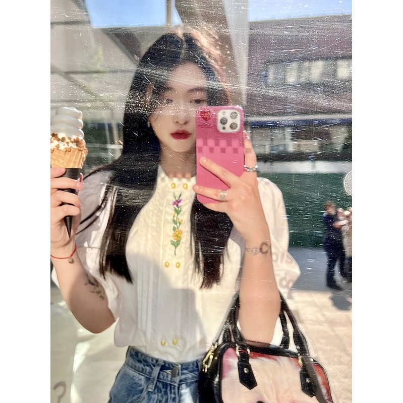 Áo Sơ Mi Ngắn Tay Cổ Búp Bê Thêu Họa Tiết Thời Trang Pháp Cho Nữ