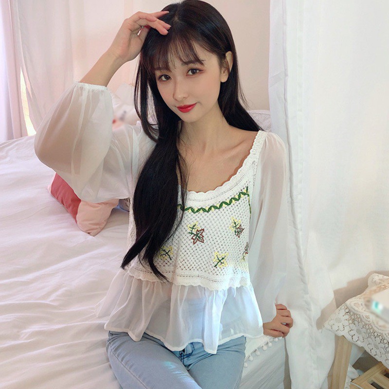 Áo Dệt Kim Nữ Tay Dài Phối Ren Thời Trang