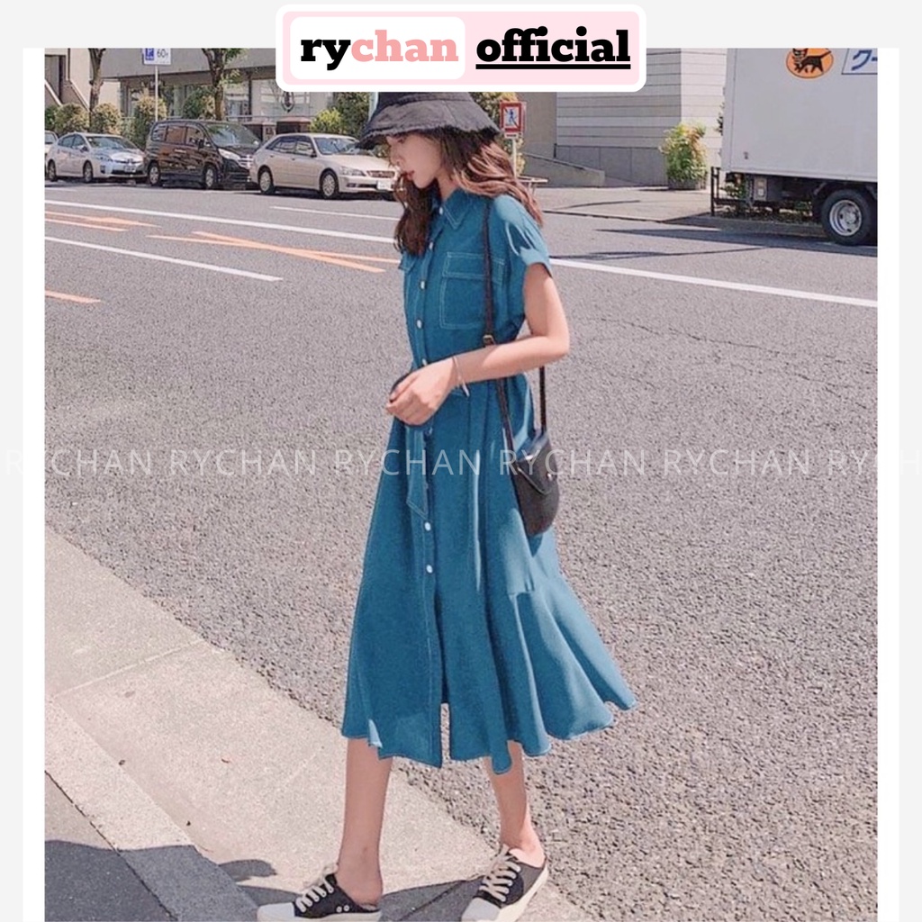 Đầm Công Sở Cổ Sơ Mi Túi Hộp Tay Ngắn Nút Trắng Thắt Eo Đuôi Cá Phối Viền Màu Đỏ Xanh Đen - DX9841