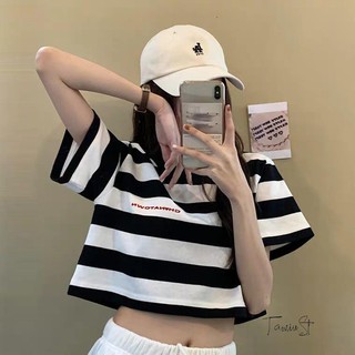 Áo croptop tay lỡ sọc trắng đen - CA32