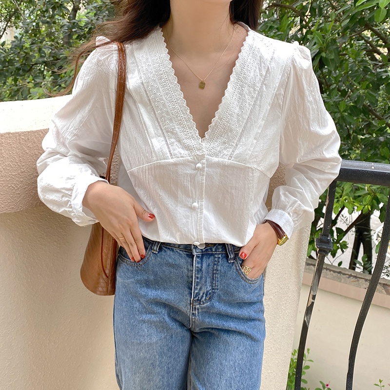 Áo sơ mi trắng PEPPERMINT 45383 dài tay cổ chữ V phối ren thanh lịch phong cách Hàn Quốc