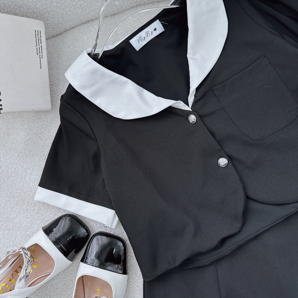 SET ÁO CROPTOP ĐEN CỔ TRẮNG + CHÂN VÁY MIDI ĐEN