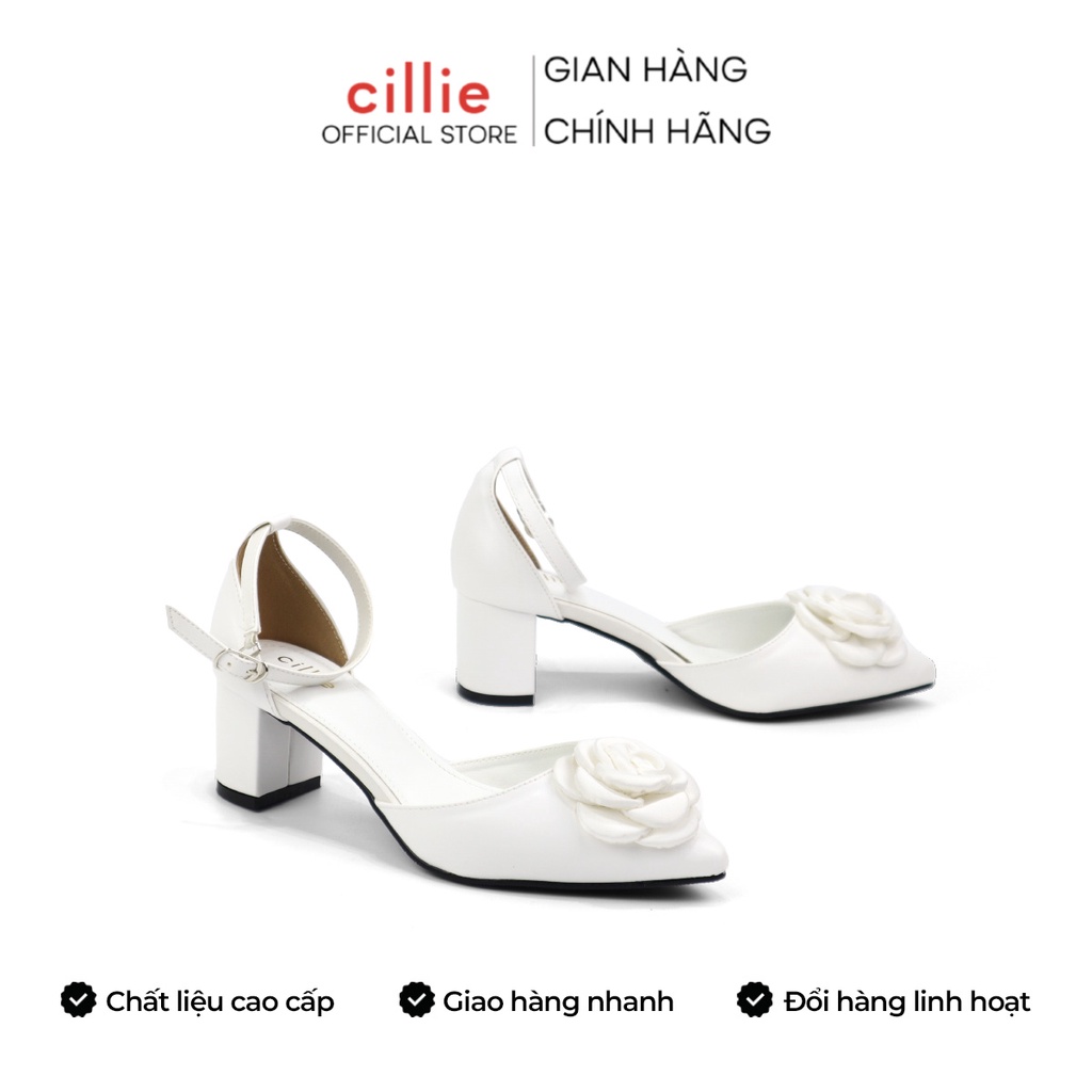 Giày sandal cao gót slingback nữ cô dâu đính hoa mũi nhọn thanh lịch đế vuông 5cm đi tiệc đám cưới Cillie 1145