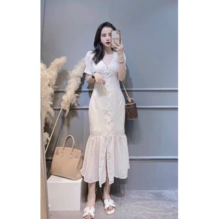 Đầm trắng dự tiệc đuôi cá phối nút bộc , váy xinh đi cưới sang chảnh