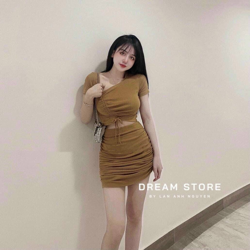 set bộ gồm áo rút dây ngực mix chân váy nhúm chất gân mềm