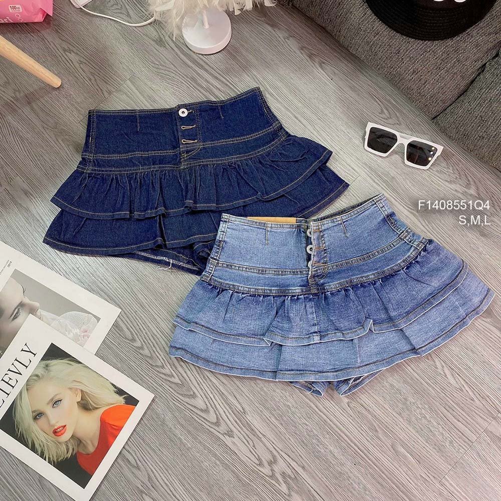 Quần váy jean xòe phối bèo tầng lưng cao 3 nút hàng đẹp!