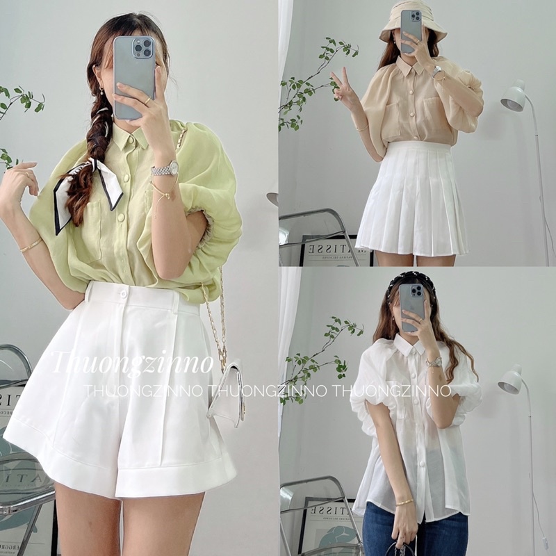 [Ảnh thật/Video] Áo bi bèo Sofia siêu xinh thiết kế cúc bọc 2 màu trắng/ be - áo sơ mi bánh bèo tay phồng