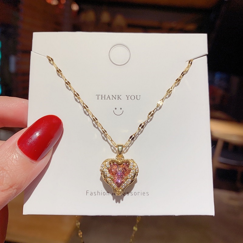Dây chuyền titan nữ vòng cổ TITAN KHÔNG GỈ mạ vàng 18k mặt đá pha lê đổi màu hình trái tim sang trong mẫu mới 2021