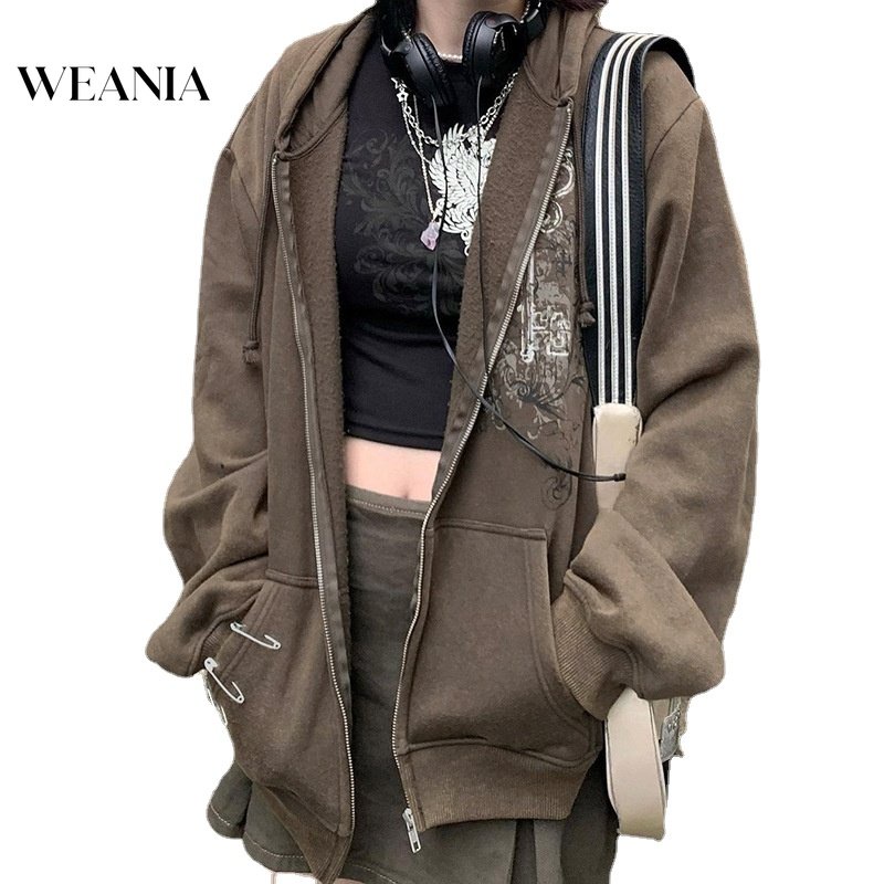 Áo Khoác Hoodie Dáng Rộng In Họa Tiết Vintage Phối Túi Cá Tính Cho Nữ