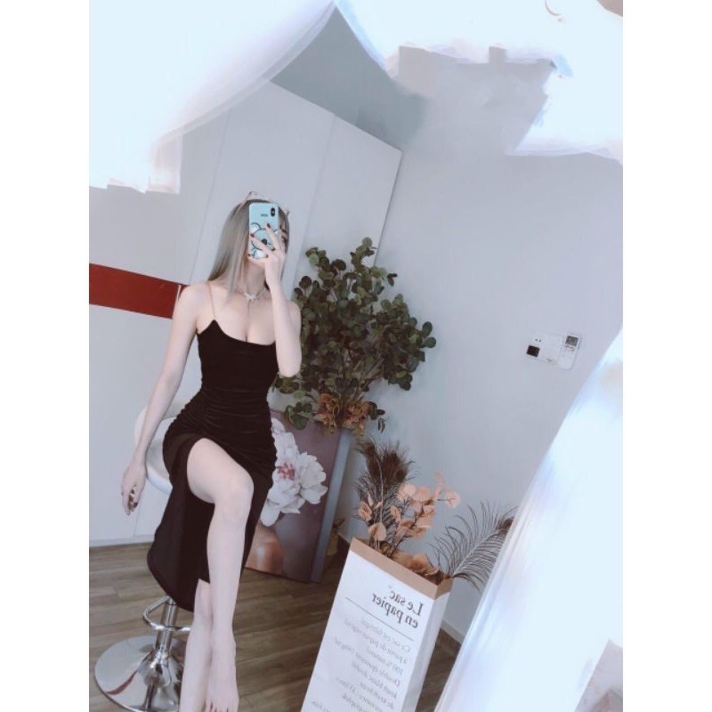 Đầm 2 dây nhung, đầm nhung dây xích xẻ tà