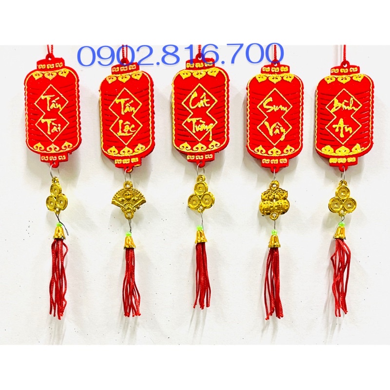 Set 5 Liễng nhung đỏ hình lồng đèn nhung đỏ đủ chữ treo cây mai - đào - tắc phụ kiện trang trí tết