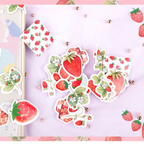 Hộp 45 Sticker Quả Dâu Siêu Dễ Thương Trang Trí Planner Scrapbook