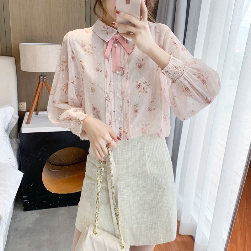 Áo Sơ Mi chiffon Tay Dài In Họa Tiết Hoa Thắt Nơ Phong Cách retro Thời Trang Mùa Xuân Mới 2022
