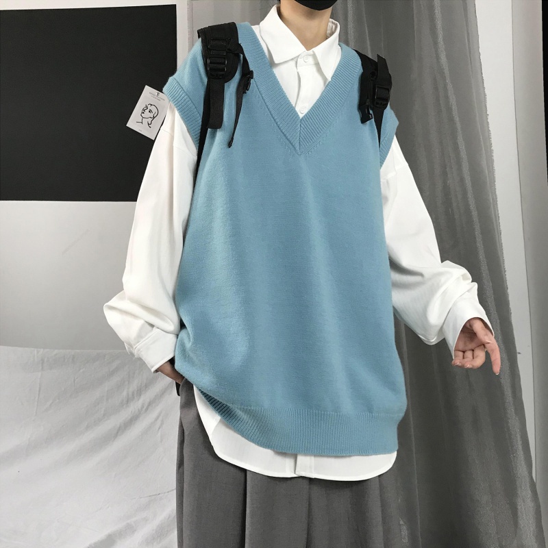 Áo Sweater Không Tay Cổ Chữ V Dáng Rộng Màu Trơn Thời Trang Đơn Giản Phong Cách Hàn Quốc Thanh Lịch Dễ Phối Cho Nam