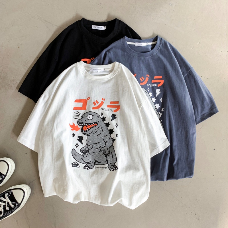 Áo thun tay lỡ cổ tròn dáng rộng in họa tiết phong cách Nhật Bản mùa hè trẻ trung thời trang unisex dành cho học sinh
