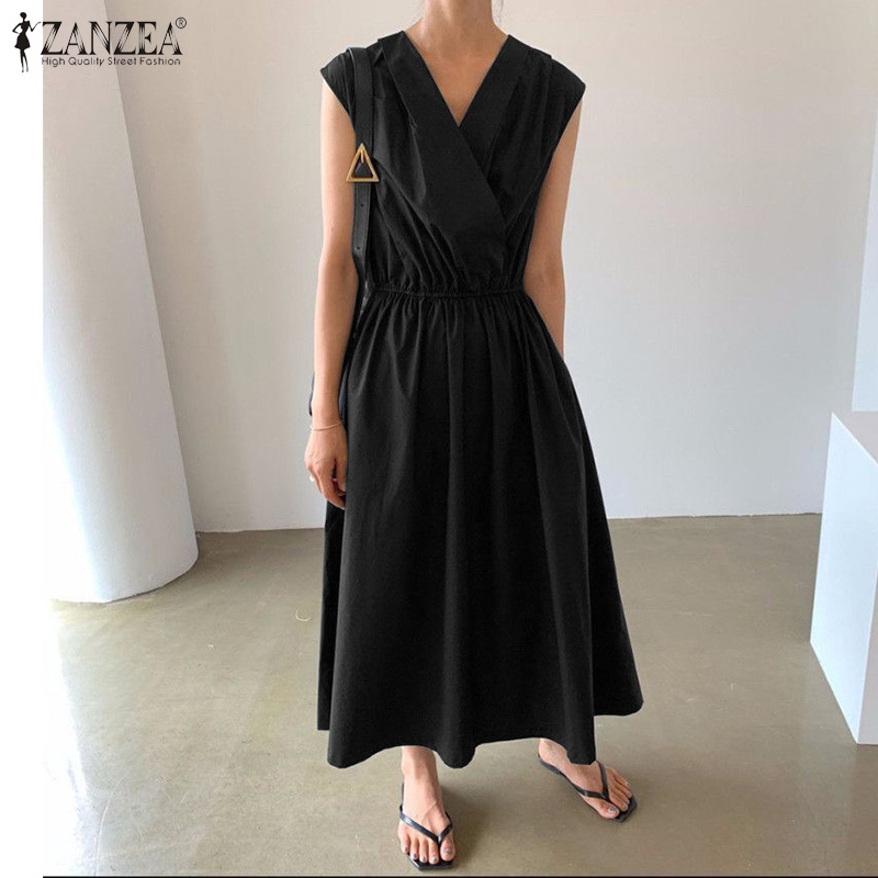 ZANZEA Women Casual V-Neck Sleeveless Swing Pleated Loose Long Dress | BigBuy360 - bigbuy360.vn