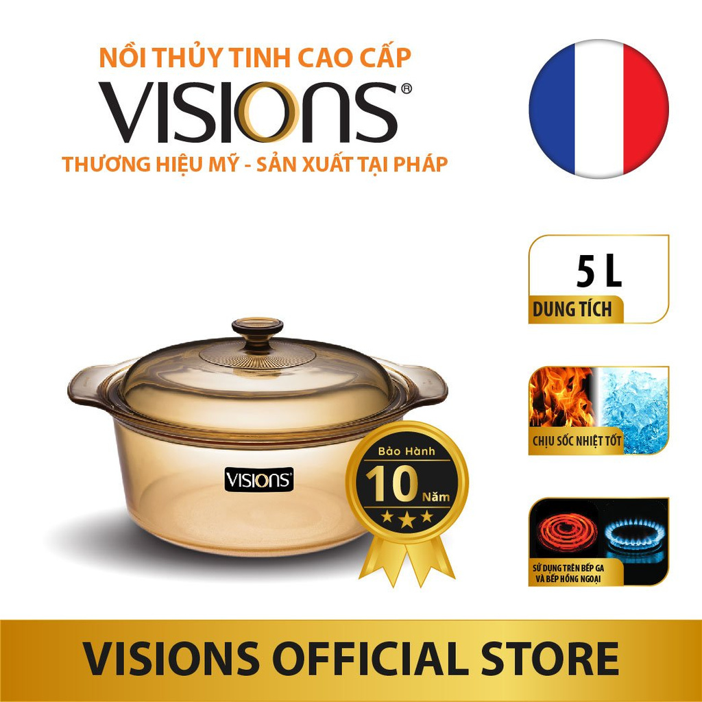 Nồi thuỷ tinh Visions (loại thấp) VSD-5 5L - Bảo Hành 10 năm - Xuất xứ từ Pháp - Hàng chính hãng