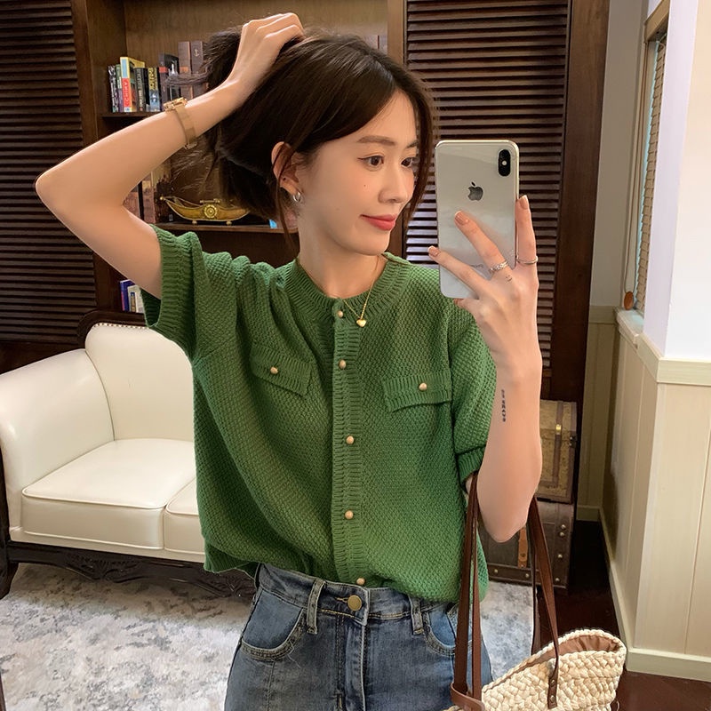 Áo cardigan Tay Ngắn Dáng Rộng Màu Xanh Lá Đậm Phong Cách retro Thời Trang Hàn Quốc