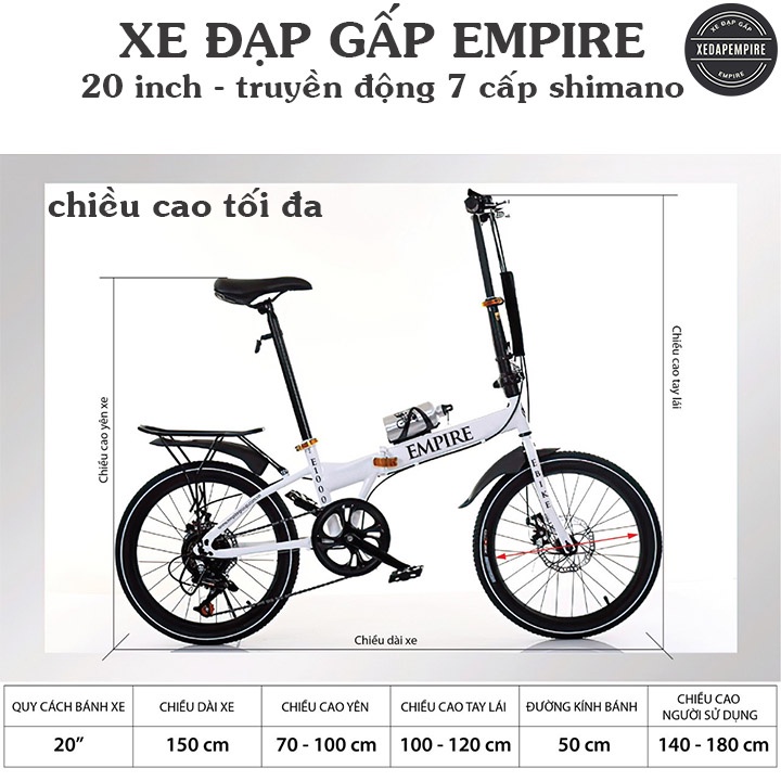 Xe Đạp Gấp Empire - Xe đạp gấp gọn thể thao, 20inch, truyền động 7 cấp shimano E-1000