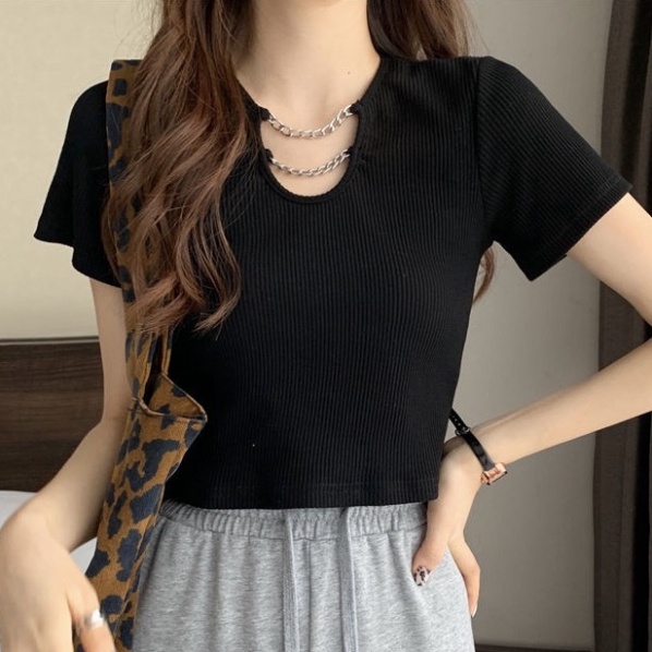 Áo thun tay cộc XÍCH CỔ eo cao phong thái korea trang điểm ngày hè cho nữ