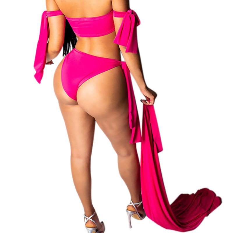 Set Bikini 3 Món Áo Trễ Vai + Chân Váy Lọt Khe Cắt Cao Gợi Cảm Cho Nữ