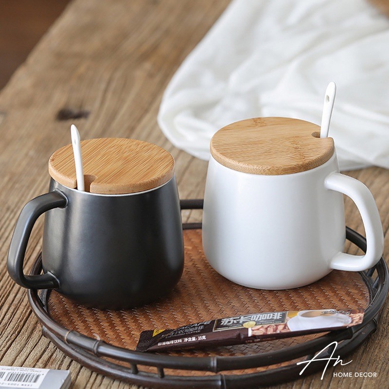 Cốc gốm sứ cafe cà phê uống nước nắp tre thìa sứ 350ml | BigBuy360 - bigbuy360.vn