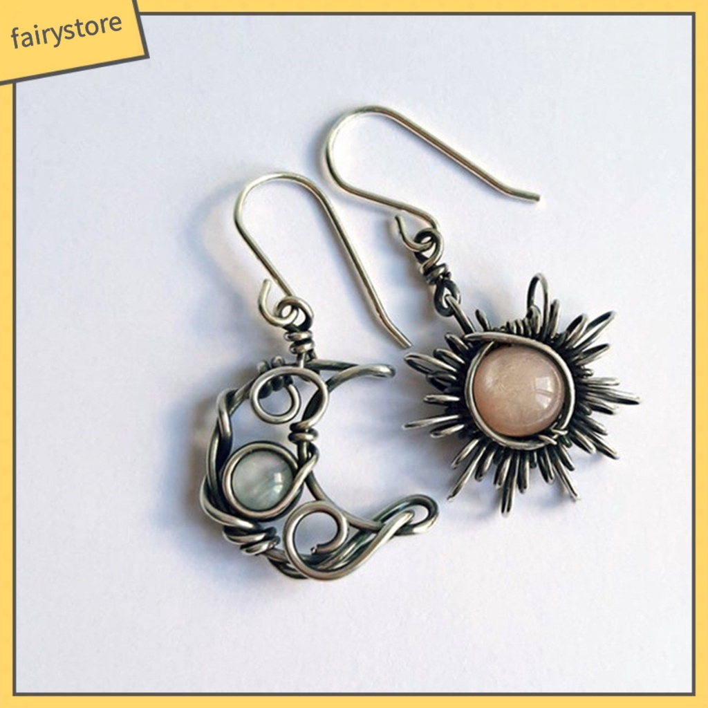 Cặp hoa tai dáng dài hình mặt trăng và mặt trời phong cách bohemian