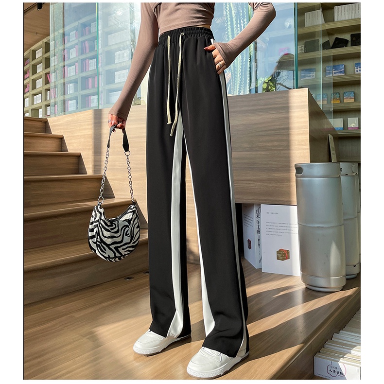 Quần Thể Thao Lưng Cao Ống Rộng Họa Tiết Kẻ Sọc Thời Trang Năng Động Cho Nữ