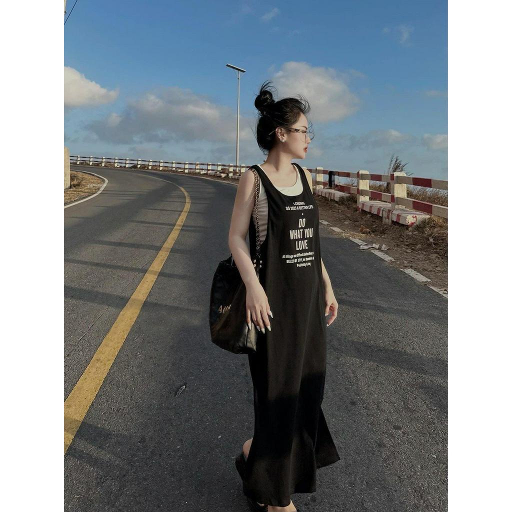 Set Váy Tanktop 2 Món Dáng Suông Dài In chữ - Váy Suông Dáng Dài Basic