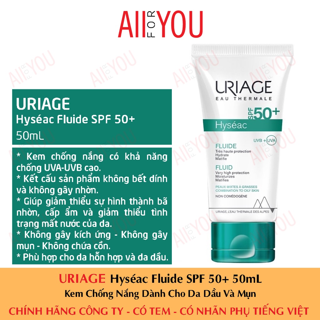 [TEM CTY] Uriage Hyséac Fluide SPF 50+ 50mL - Kem Chống Nắng Dành Cho Da Dầu Và Mụn.