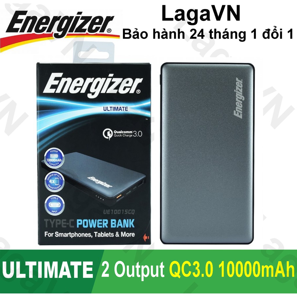 Pin sạc dự phòng Energizer 10000mAh 2 cổng Output Quick Charge 3.0 - UE10015CQ(Xám)