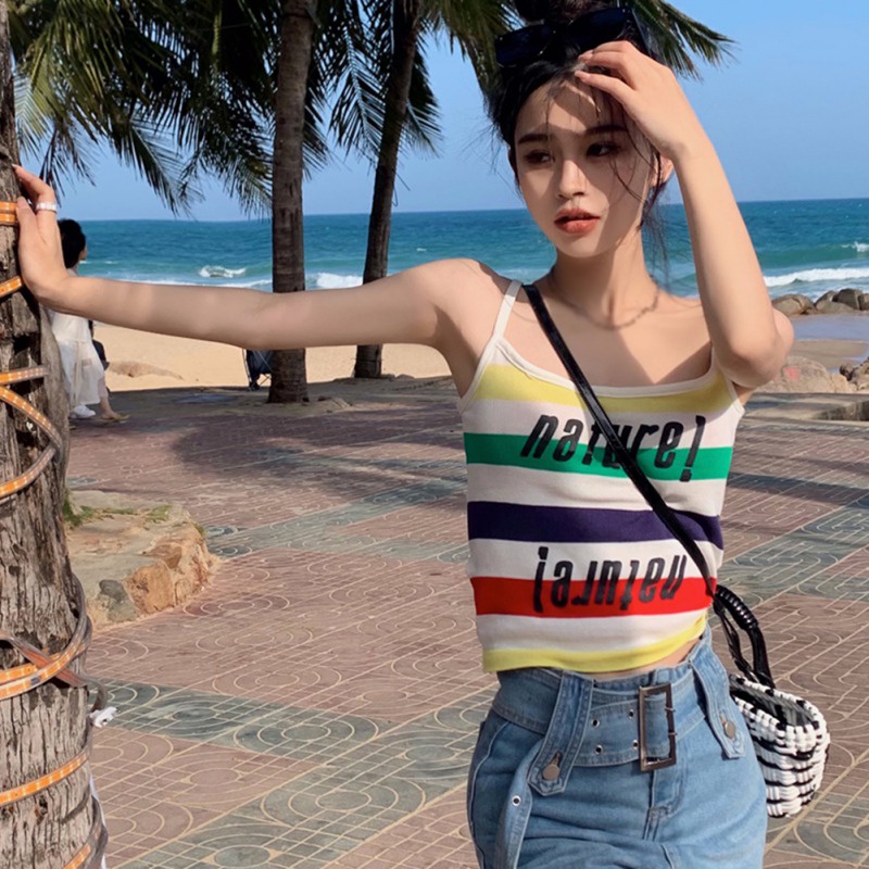 Áo Hai Dây Dệt Kim Dáng Ôm Kẻ Sọc Thời Trang Mùa Hè Cá Tính Cho Nữ