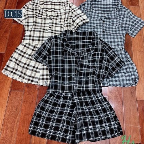 Set Quần Áo Kẻ Caro Áo Croptop Kèm Quần Giả Váy Chất Đũi Thô Xưởng May DCS Mặc Hè Thoáng Mát