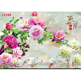 Tranh hoa mẫu đơn 3D dán tường in Vải Lụa