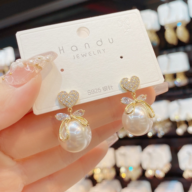 Khuyên Tai Bạc S925 Đính Đá Hình Trái Tim/Nơ Phong Cách Thời Trang Hàn Quốc