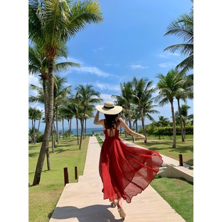 VÁY MAXI VOAN ĐỎ HAI DÂY BUỘC LƯNG