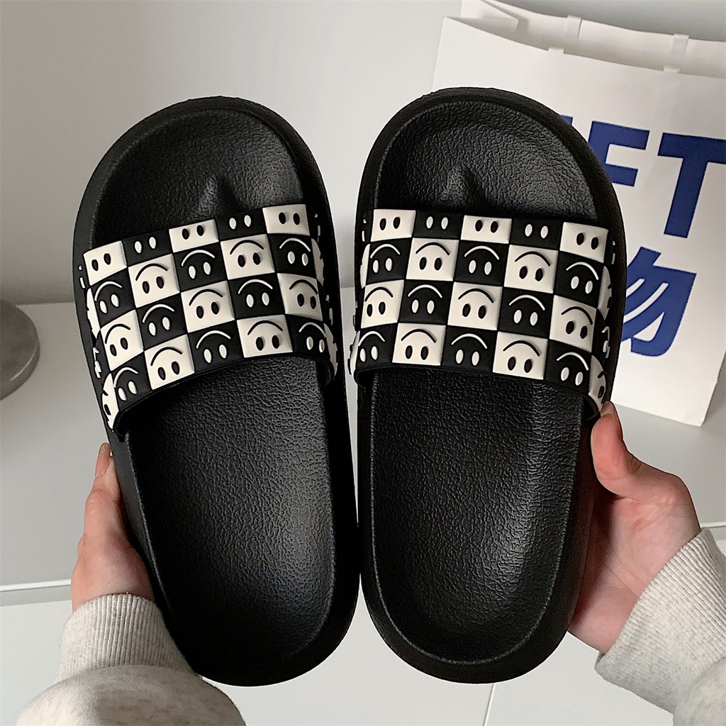 Dép bánh mì kẻ caro hình mặt cười CHÍNH HÃNG XIXITIAO dép quai ngang nam nữ - Kichi Shoes