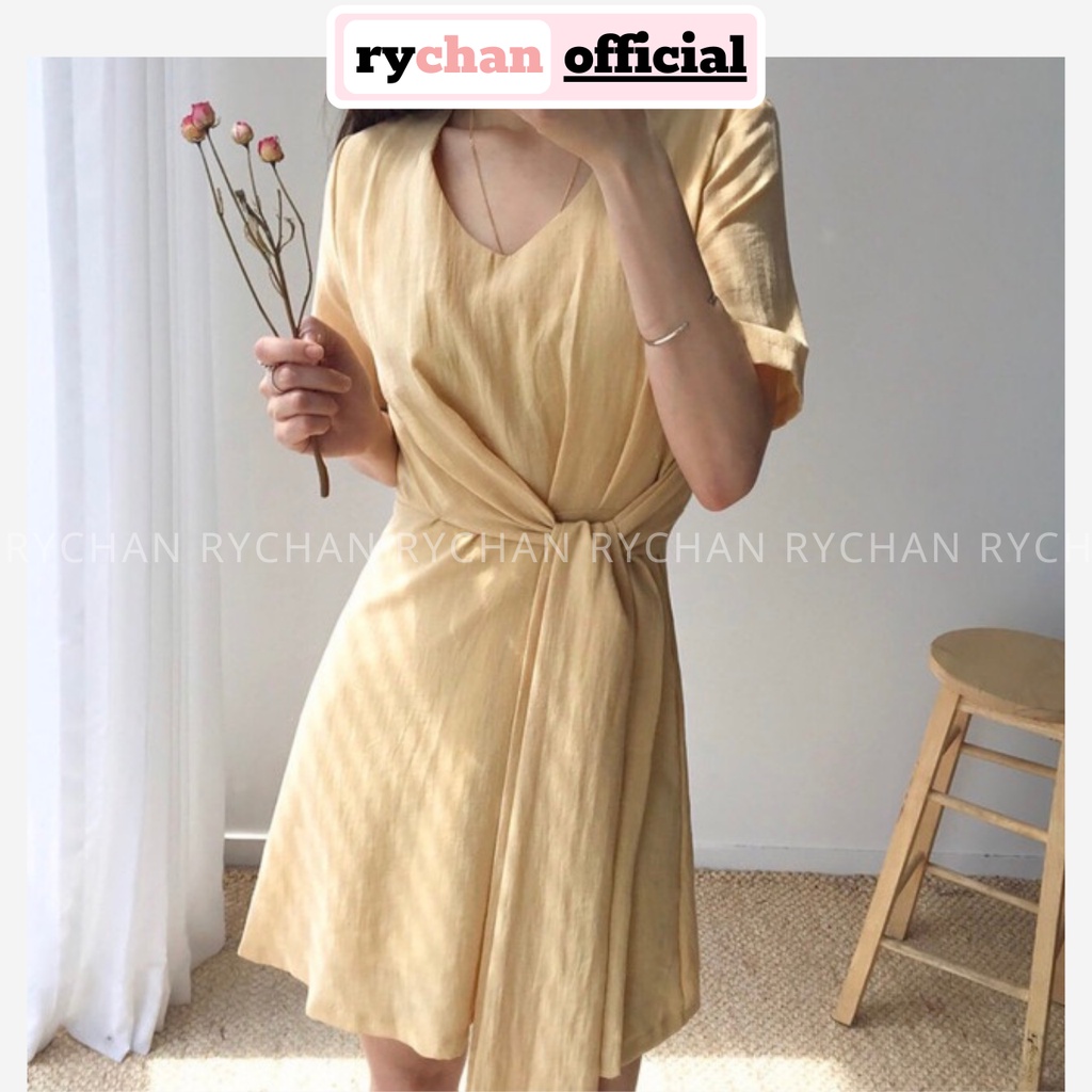 Đầm Nữ Đi Chơi Đắp Chéo Tà Cột Eo Tay Ngắn Thanh Lịch Sang Trọng Màu Vàng - DX9847