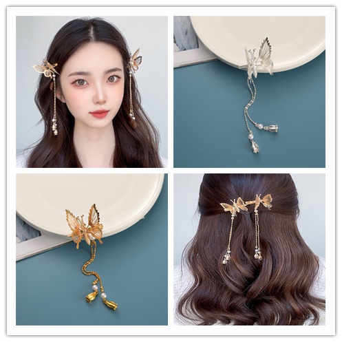 1 Kẹp Tóc Hình Bướm Dạng Chuỗi Dài Màu Vàng/Bạc Phong Cách Hàn Quốc Thời Trang Dự Tiệc